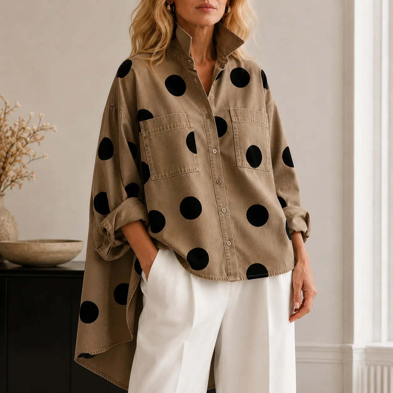 Marevelle – Oversized Polka Dot Denim Shirt with Stand Collar
