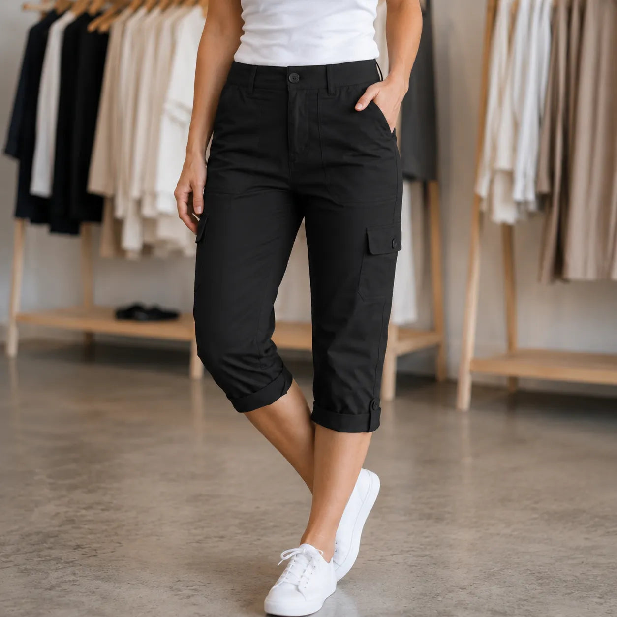 Caliva – Cropped Cargo Capri Pants with Cuffed Hem and Pockets