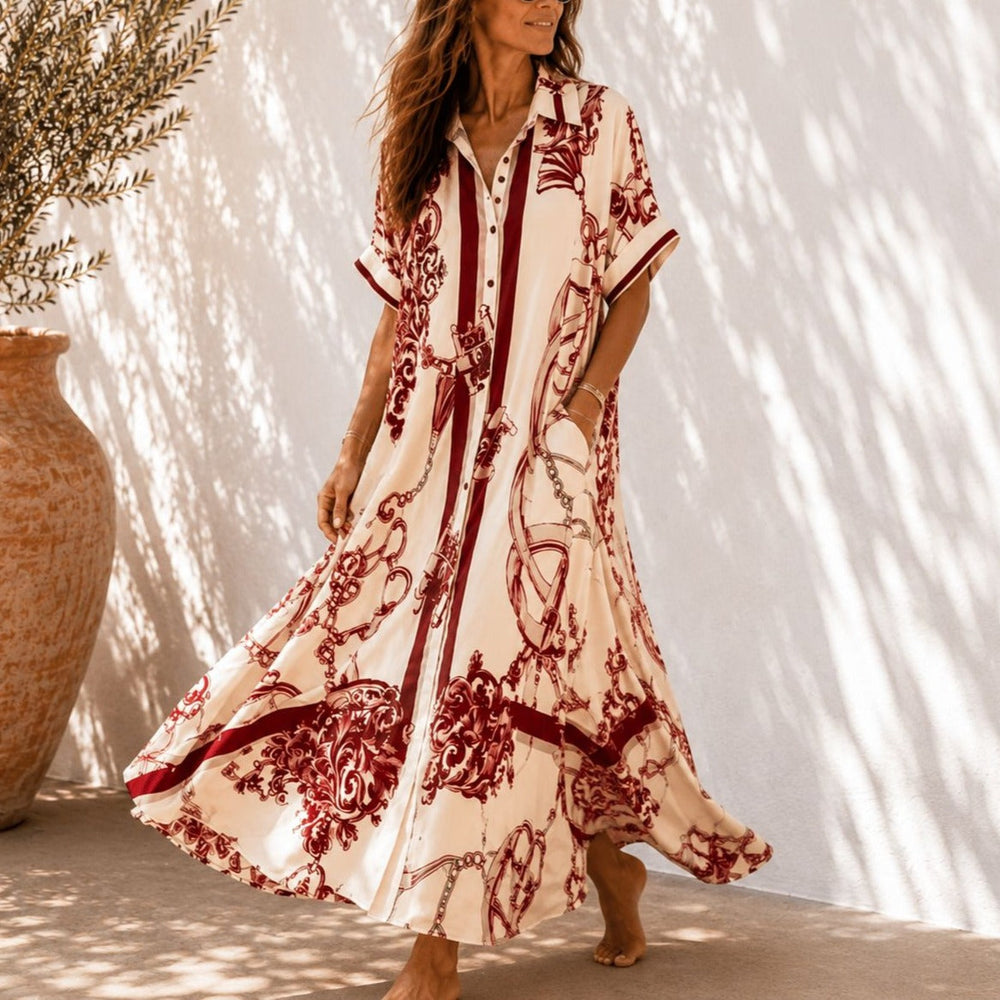 Solenne – Vintage Scroll Print Maxi Shirt Dress with Pockets