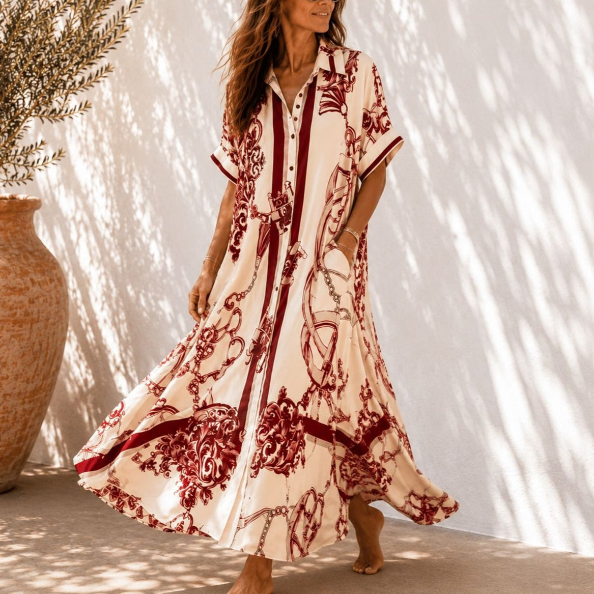 Solenne – Vintage Scroll Print Maxi Shirt Dress with Pockets