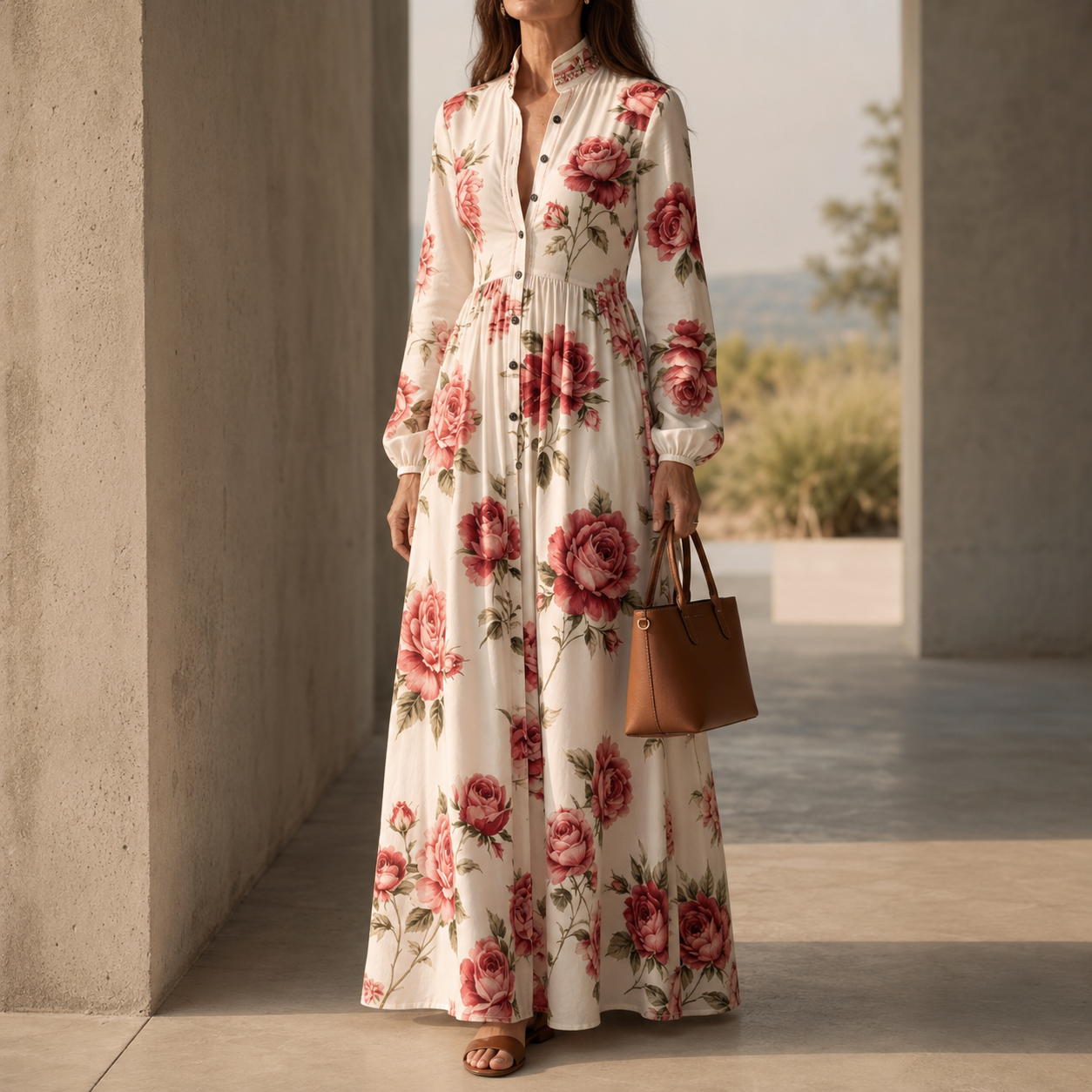 Luvelle™ – Rose Print Button-Front Maxi Dress with Long Sleeves