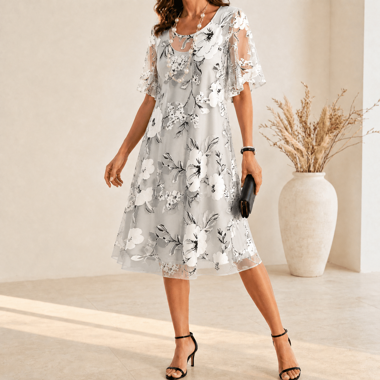 Solenya – Women's Floral Chiffon Dress with Sheer Overlay
