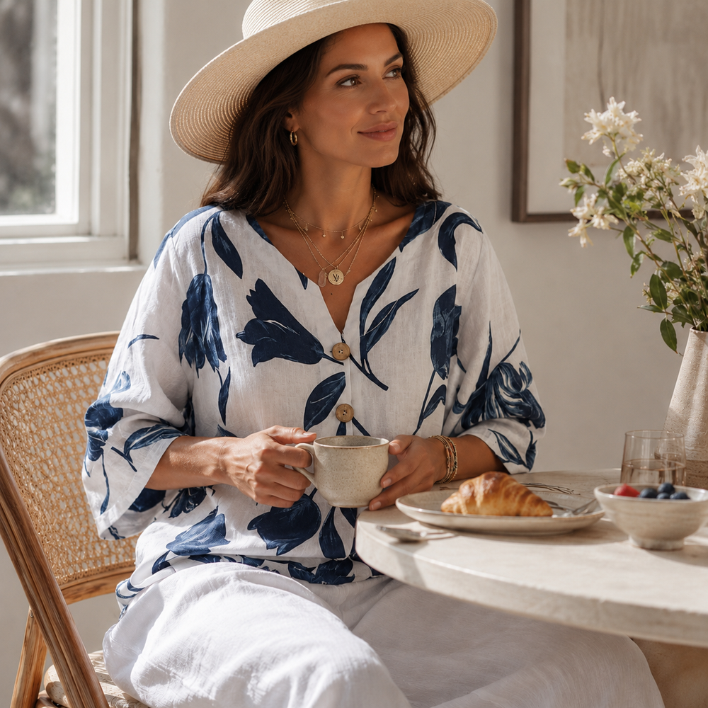 Florelle – Floral Linen V-Neck Popover Blouse with 3/4 Sleeves