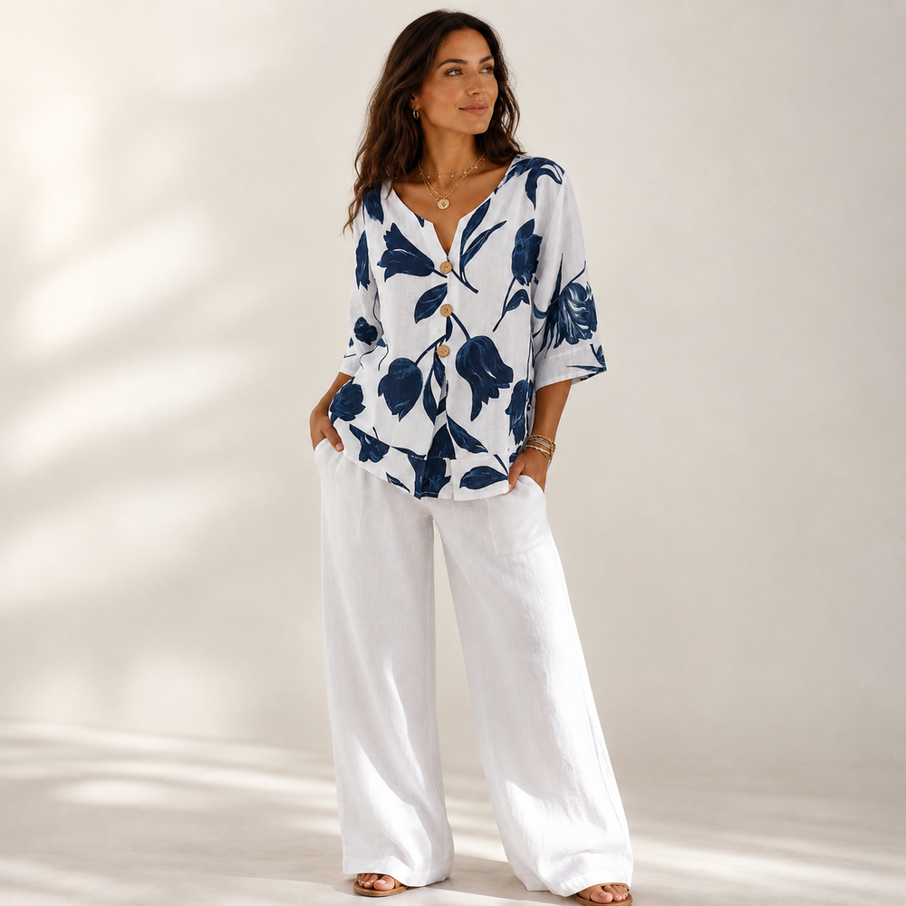 Florelle – Floral Linen V-Neck Popover Blouse with 3/4 Sleeves