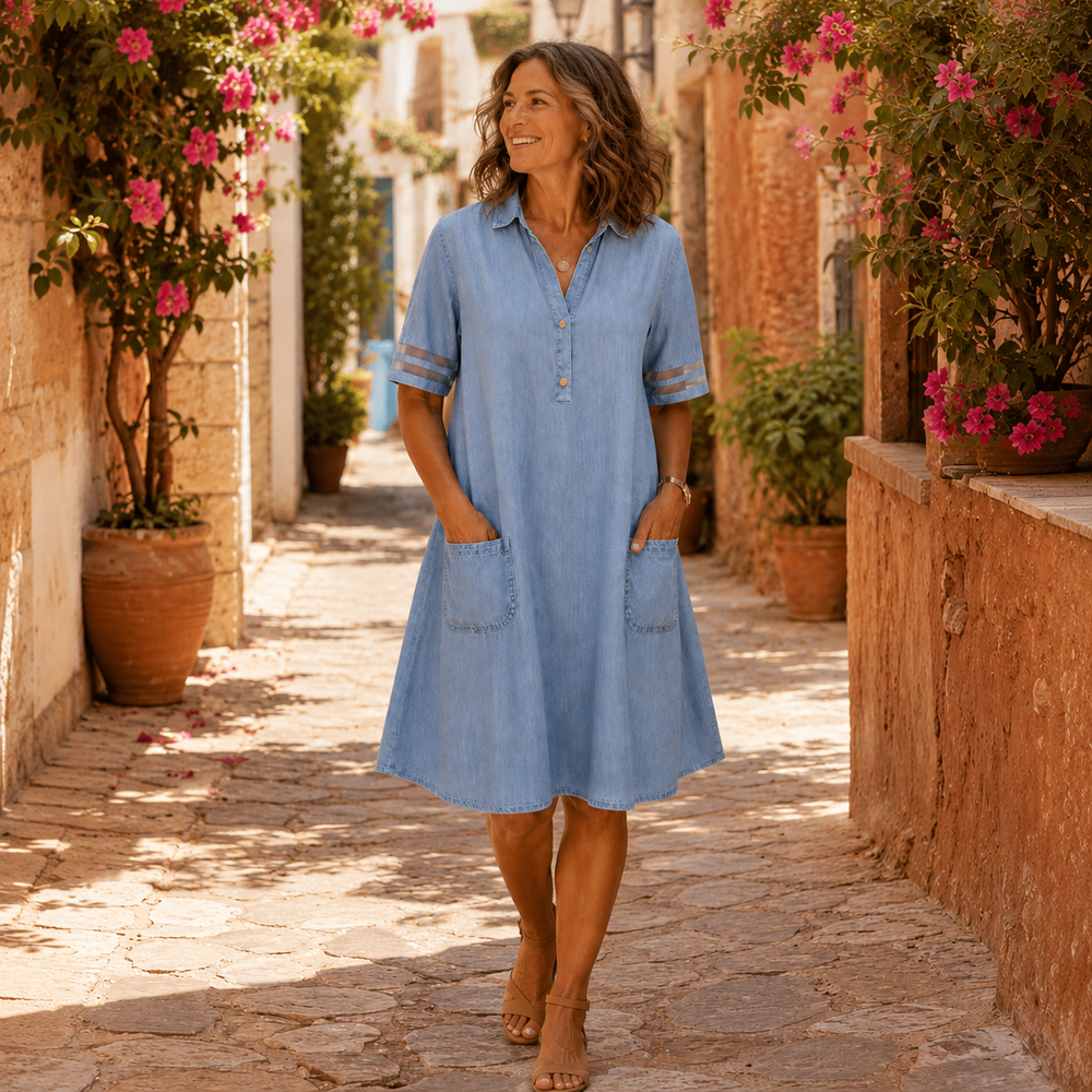 Soleil™ – Light Denim Shirt Dress with Pockets, A-Line Mini for Women