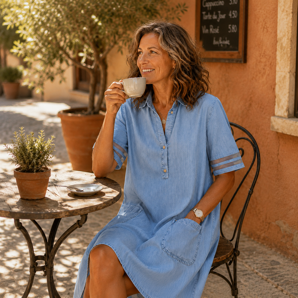 Soleil™ – Light Denim Shirt Dress with Pockets, A-Line Mini for Women