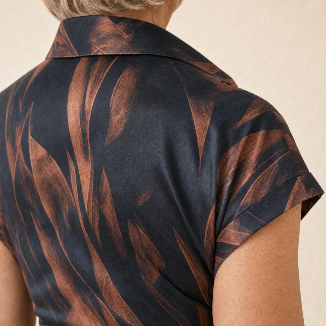 Abstract Print Wrap Midi Dress | Brown Black Collared V Neck Short Sleeve Tie Waist Ruffled High‑Low Hem Dress