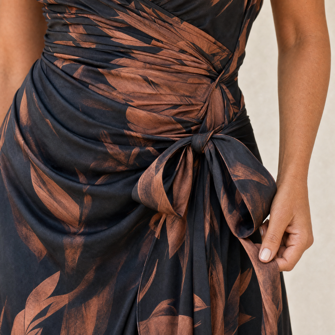 Abstract Print Wrap Midi Dress | Brown Black Collared V Neck Short Sleeve Tie Waist Ruffled High‑Low Hem Dress