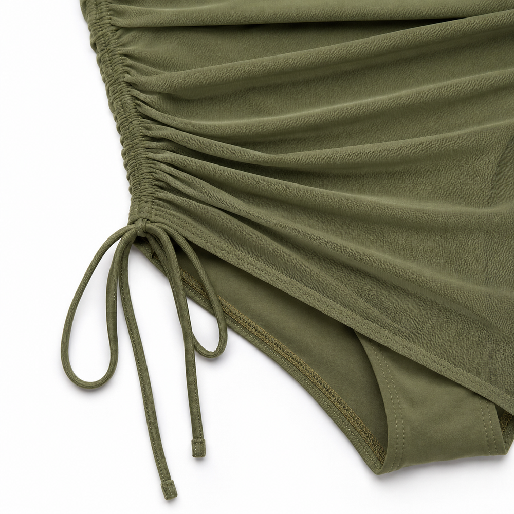 Soliva™ – Ruched Mesh Waist One Piece Swimsuit with Built-in Skirt