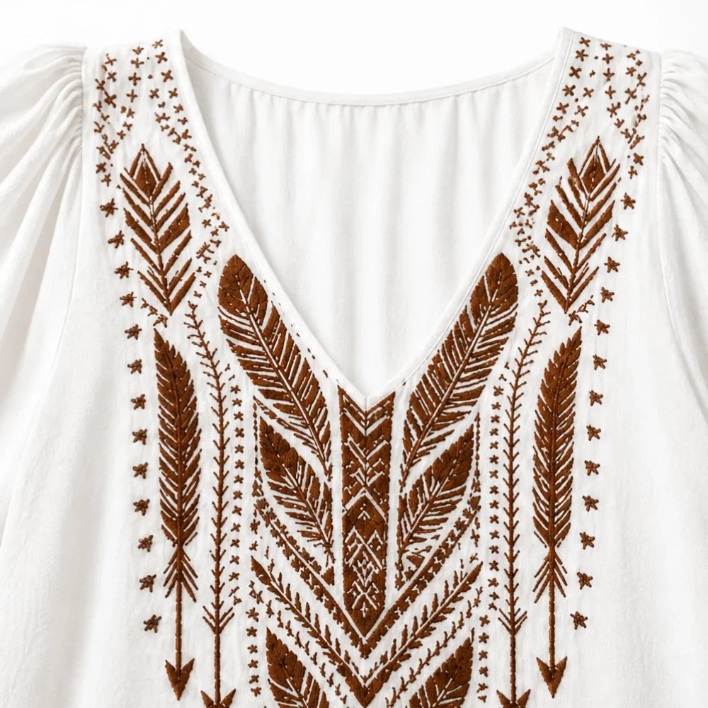 Soluna – Embroidered Boho Blouse, V-Neck, Balloon Sleeve