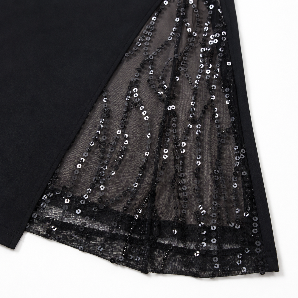 Soirée™ – Sequin Slit Maxi Dress with Convertible Square Neck