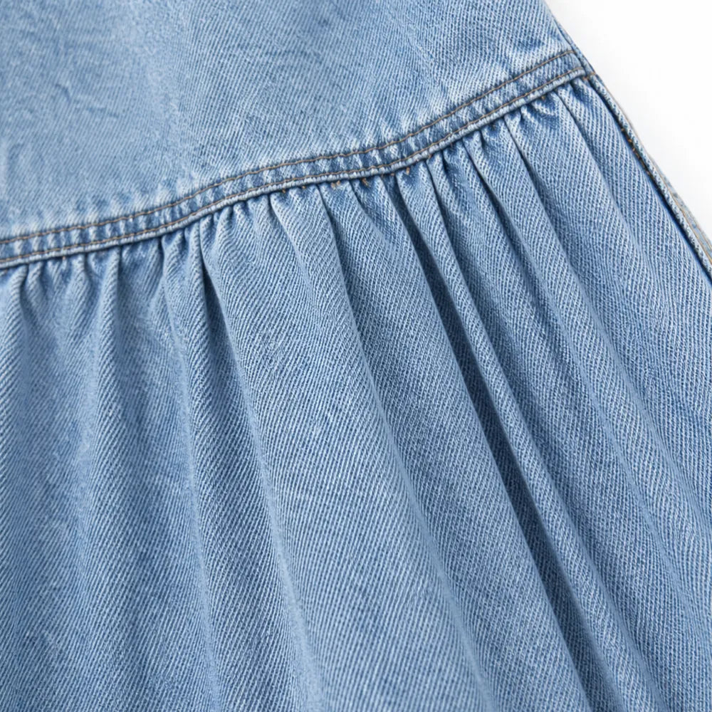 Romella – High Waisted Tiered A-Line Denim Maxi Skirt for Women