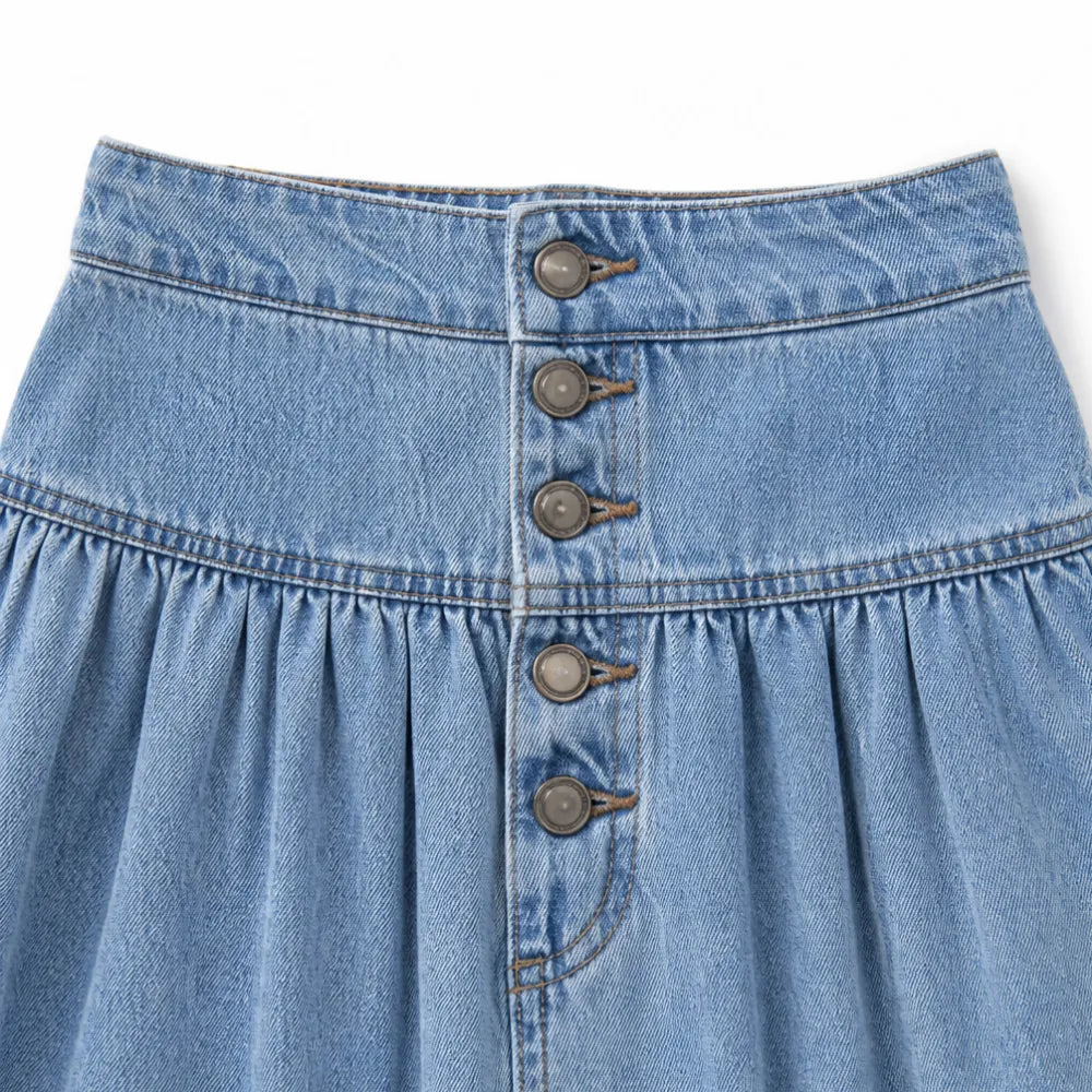 Romella – High Waisted Tiered A-Line Denim Maxi Skirt for Women