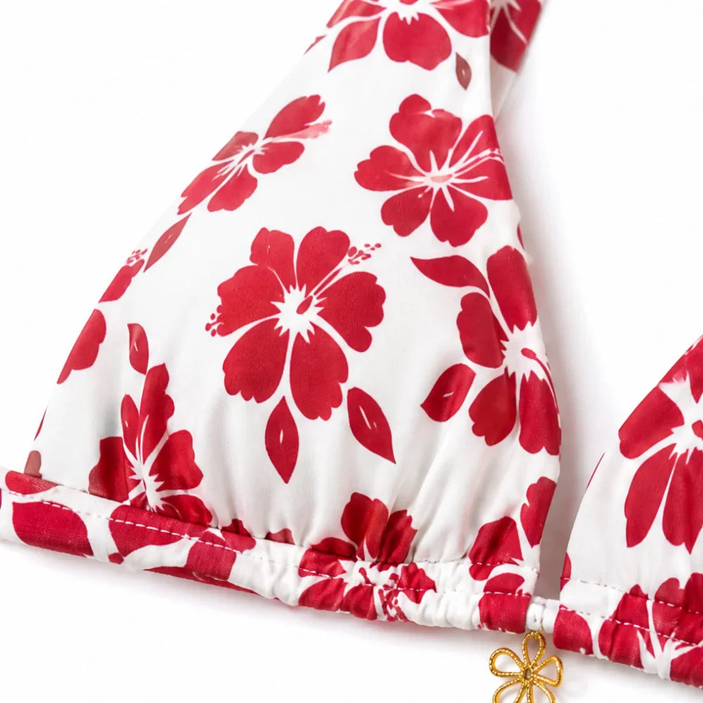 Florenza – Hibiscus Print Halter Bikini Set for Women, Side-Tie Bottoms, Tropical Swimwear