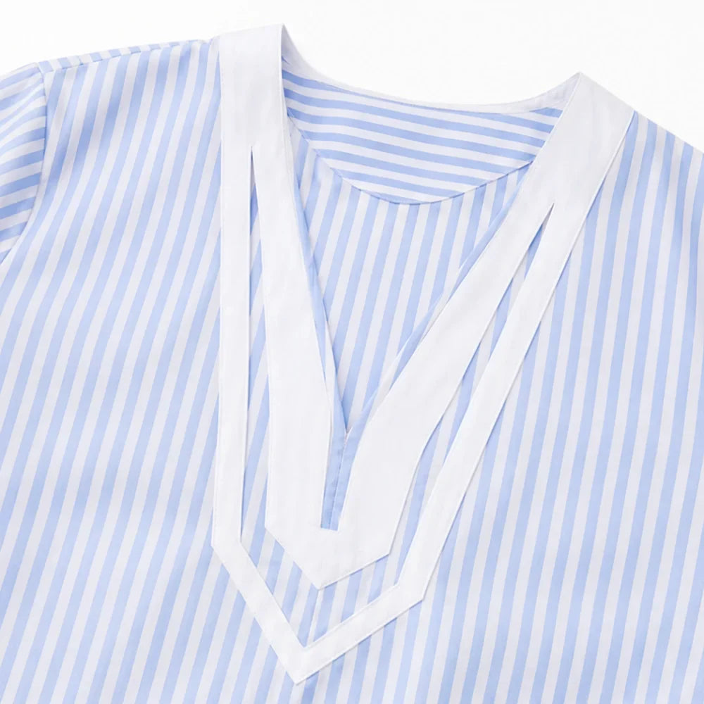 Marivelle – Striped V-Neck Tunic Dress with Pockets