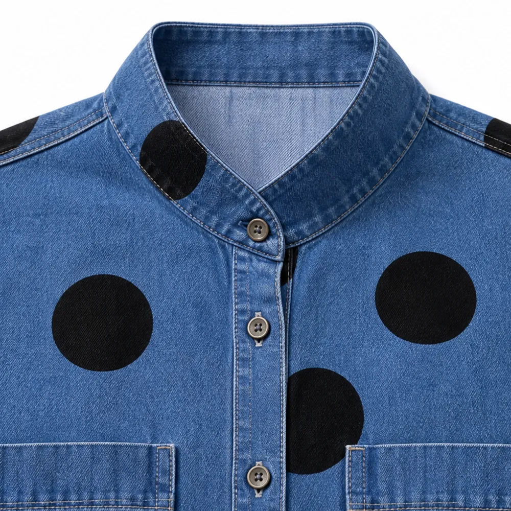 Marevelle – Oversized Polka Dot Denim Shirt with Stand Collar
