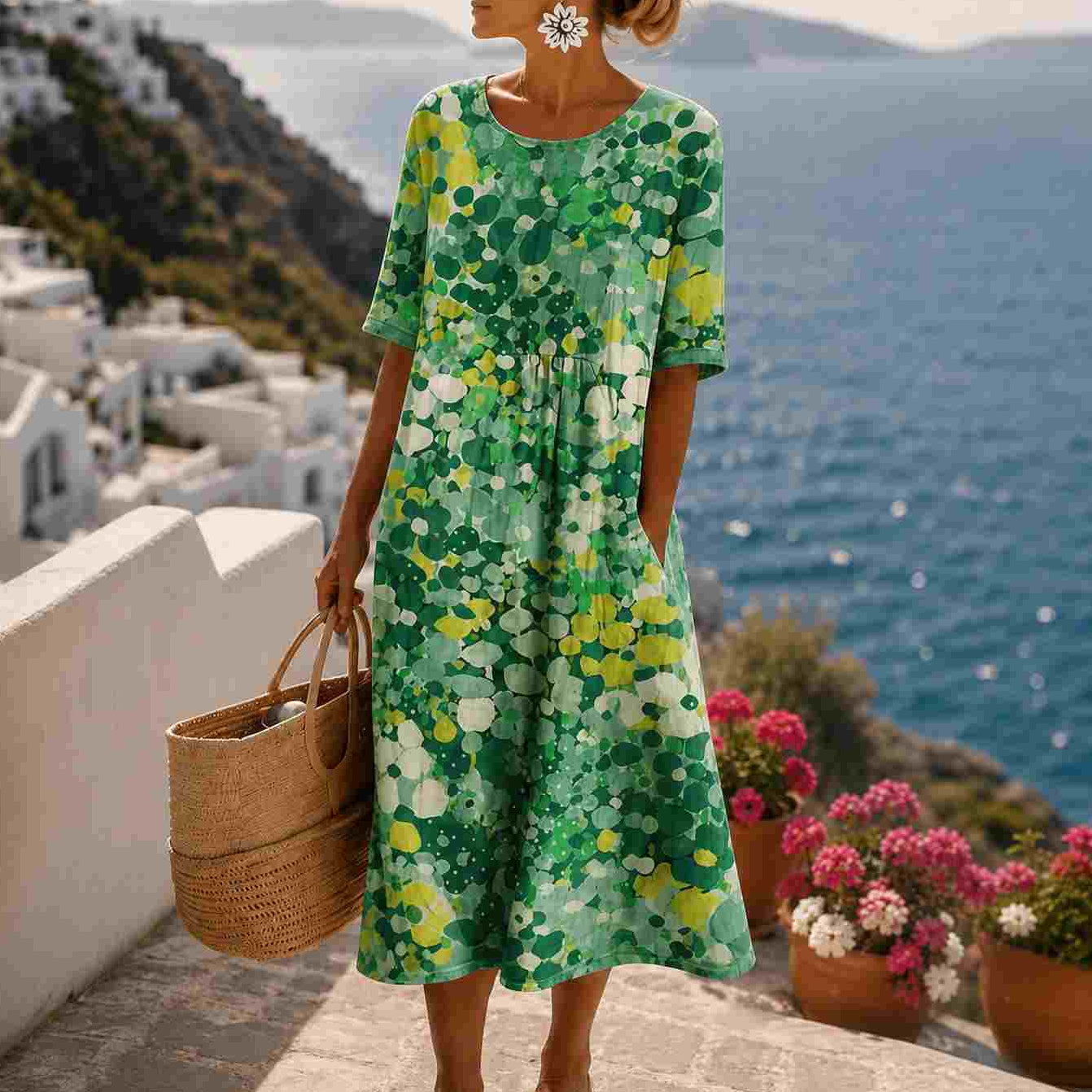 Soleia – Watercolor print flowing midi dress with pockets