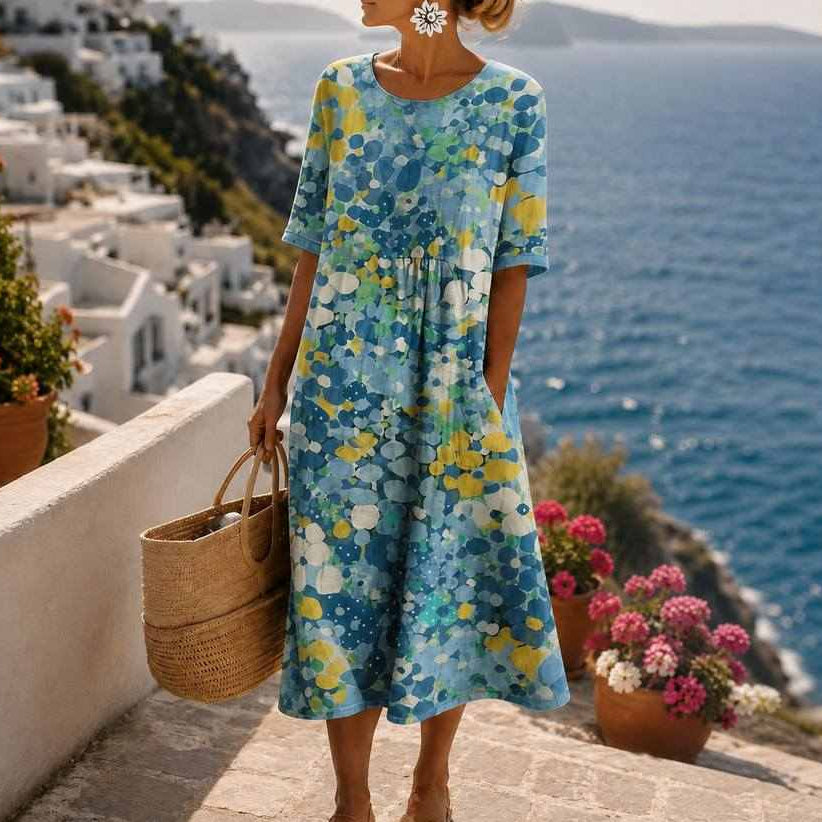 Soleia – Watercolor print flowing midi dress with pockets