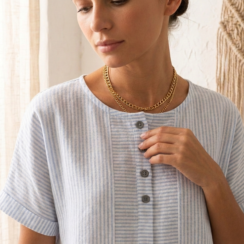 Lunavia – Women's Striped Button-Placket Mini Dress with Pockets