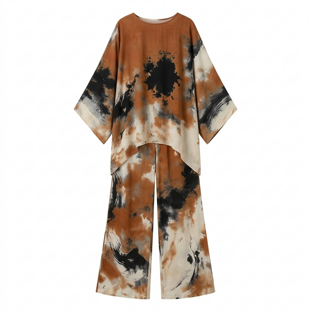 Aterra – Artistic Watercolor Tunic and Wide Leg Pants Set