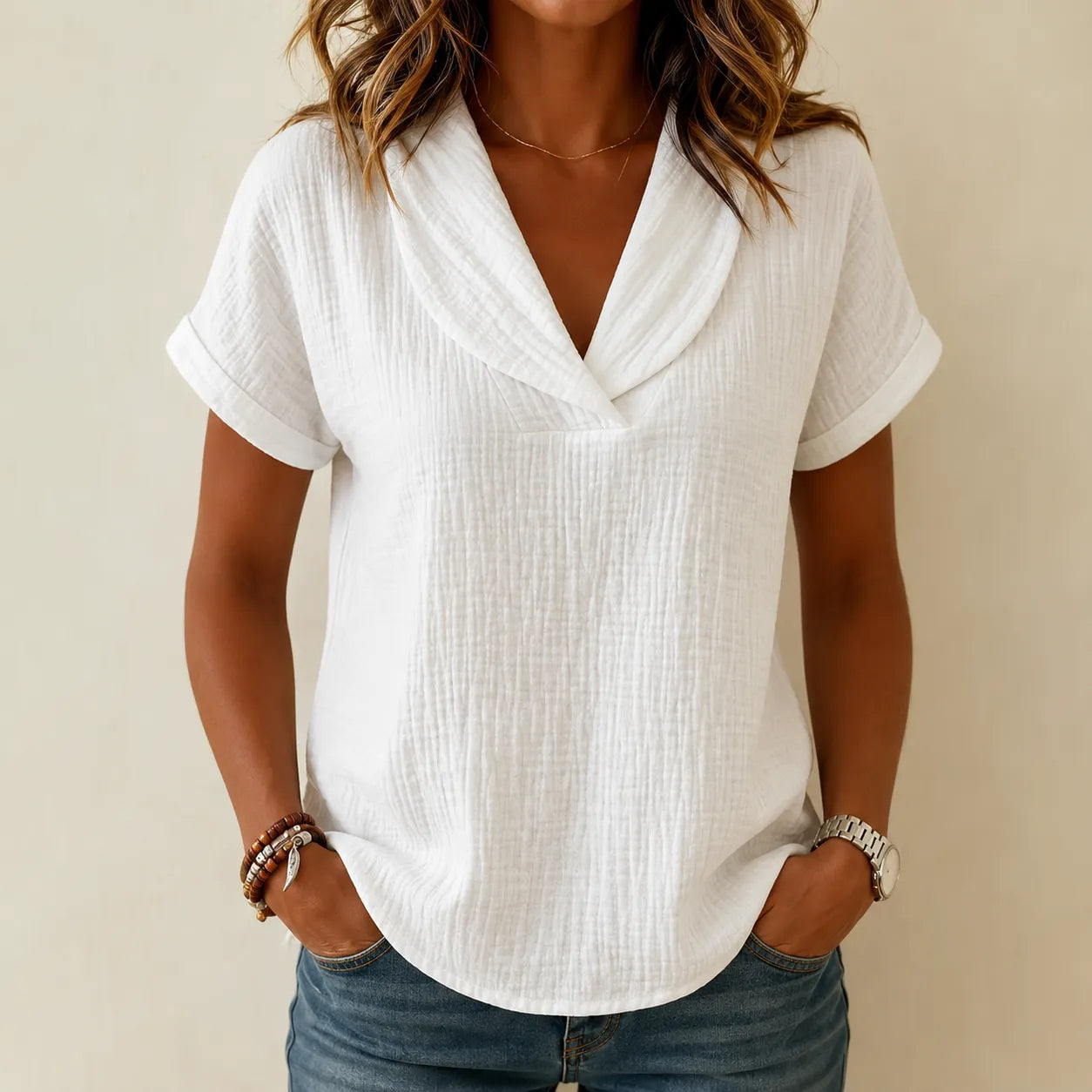 Sevella – Women's textured shawl V-neck summer tee, loose fit