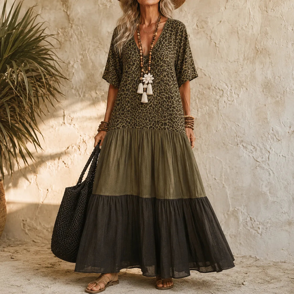 Marenza – Boho Tiered Maxi Dress with Leopard Bodice, Color-Block Skirt, V-Neck