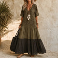 Marenza – Boho Tiered Maxi Dress with Leopard Bodice, Color-Block Skirt, V-Neck