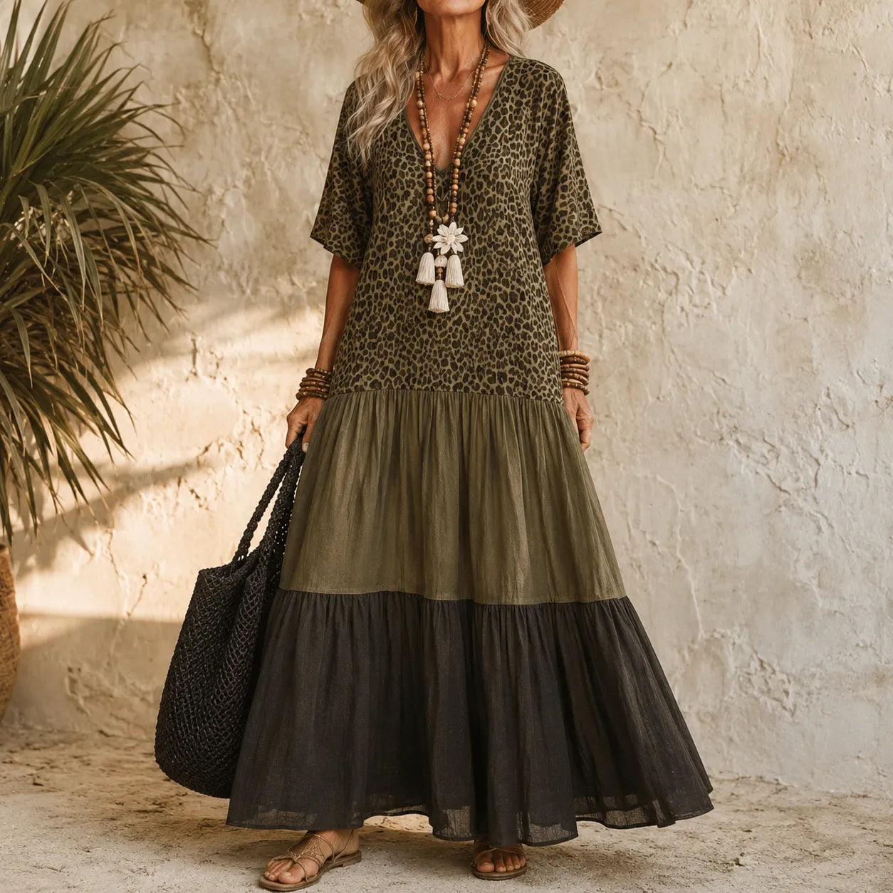 Marenza – Boho Tiered Maxi Dress with Leopard Bodice, Color-Block Skirt, V-Neck