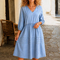 Solène – Women's Puff Sleeve V-Neck Denim Look Babydoll Midi Dress