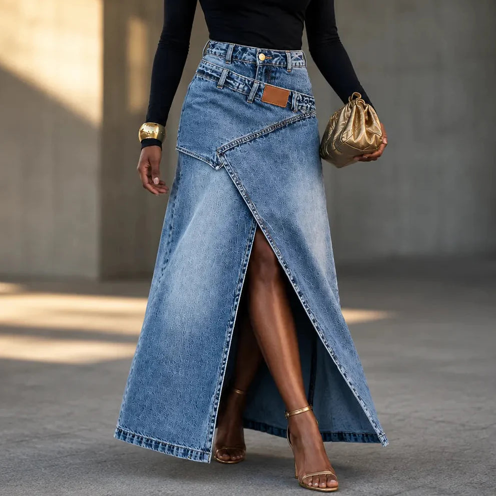 Saviera – Asymmetric Layered Denim Maxi Skirt with High Front Slit