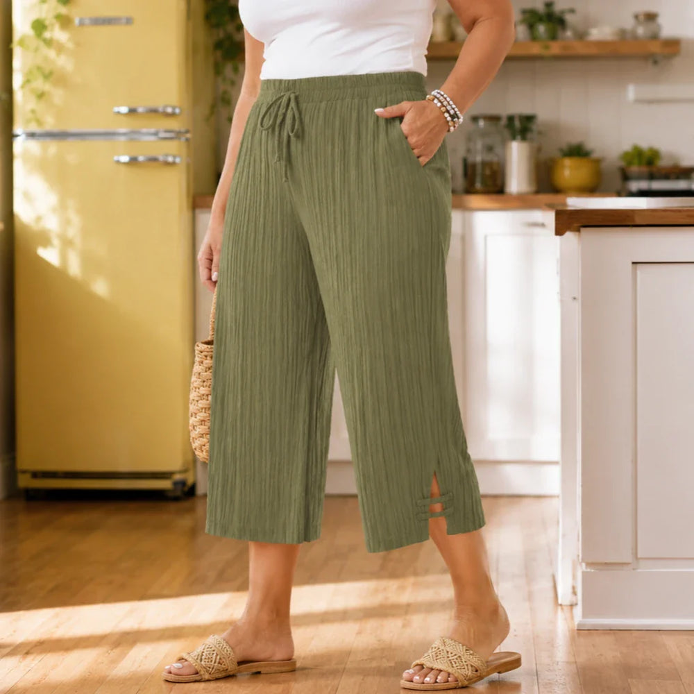 Velora – Ribbed Wide-Leg Capri Pants with Drawstring Waist & Side Slit, Plus Size 1XL–5XL