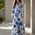 Mirabel™ – Blue Floral Peony Button-Front Maxi Shirt Dress with Pockets