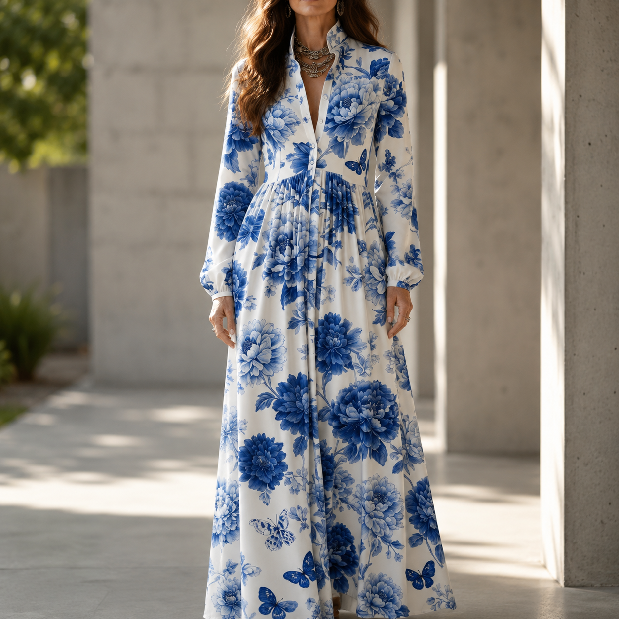 Mirabel™ – Blue Floral Peony Button-Front Maxi Shirt Dress with Pockets