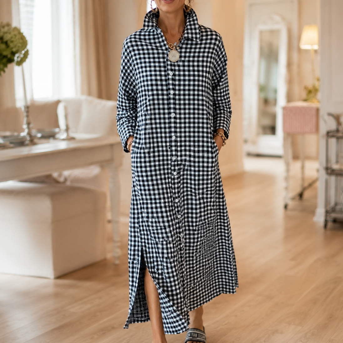 Harlowe™ – Gingham Button-Front Maxi Shirt Dress with Side Slits
