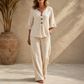 Lunavia – Linen-Look 2-Piece Set, Ruffle-Cuff Top & Wide-Leg Trousers, Women's Coordinated Outfit