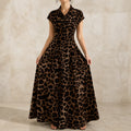Veluxa – Leopard Print Cinched Waist Maxi Shirt Dress with Pockets