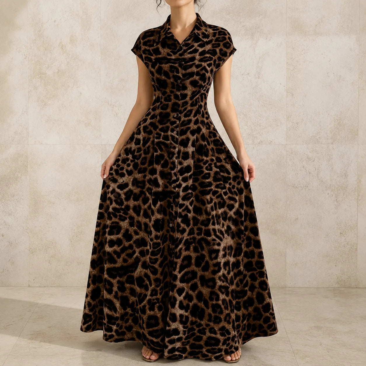 Veluxa – Leopard Print Cinched Waist Maxi Shirt Dress with Pockets