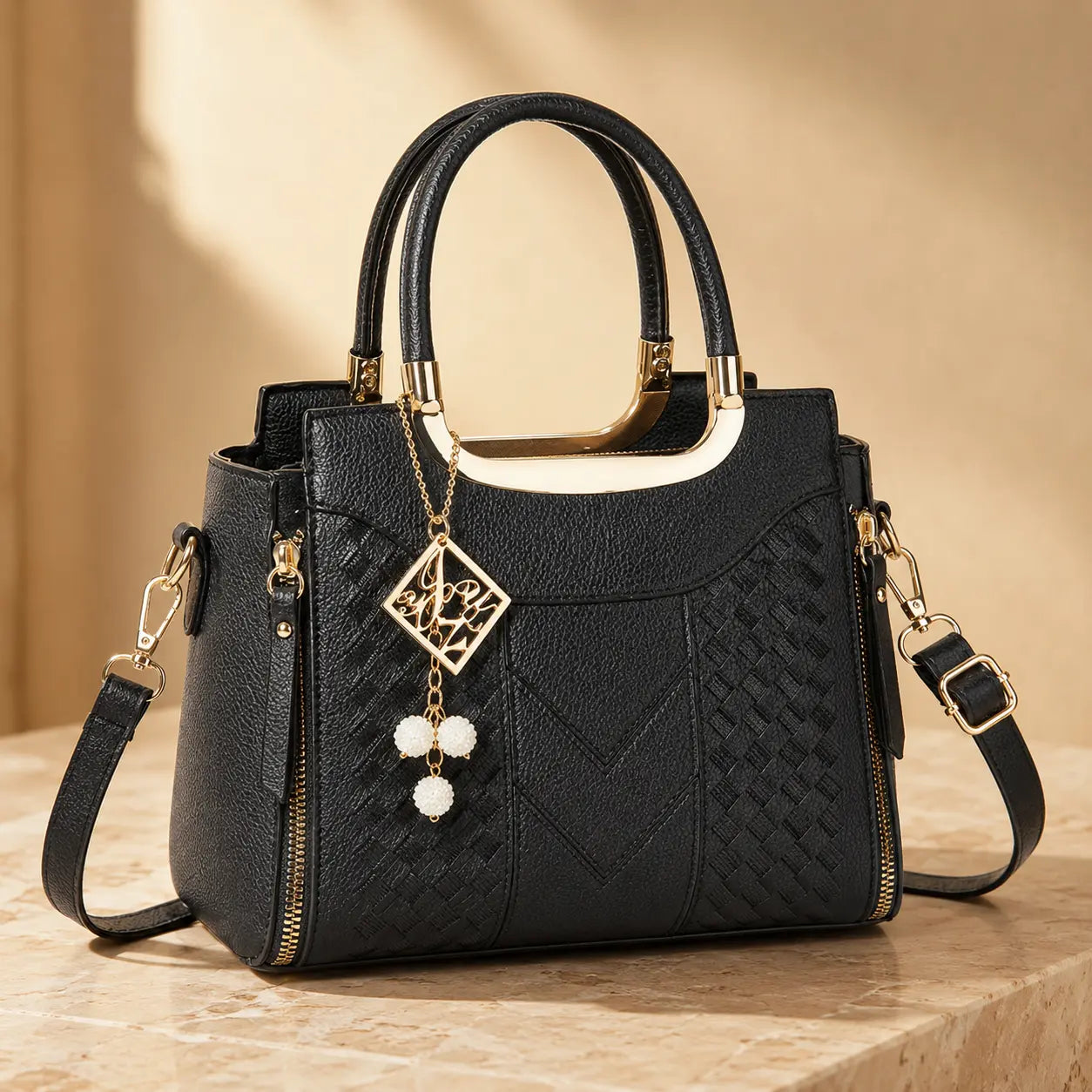 Velura – Structured Top Handle Satchel with Crossbody Strap, V-Stitch, Gold Hardware