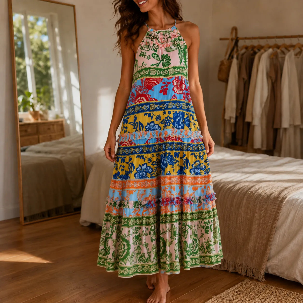 Soleva – Bold Floral Print Halter Maxi Dress for Women