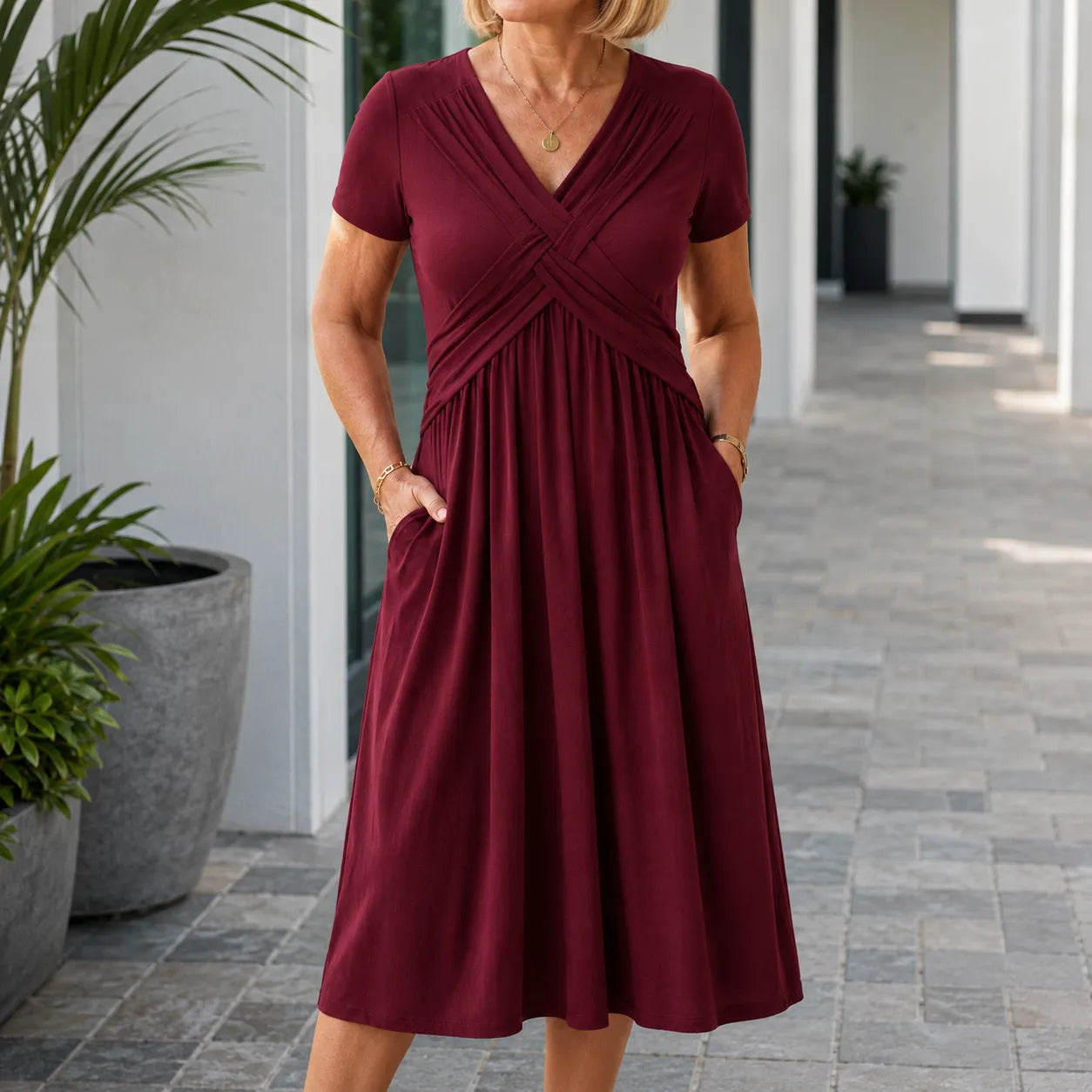 Marabelle – V-Neck Cross-Front Pleated Midi Dress with Pockets