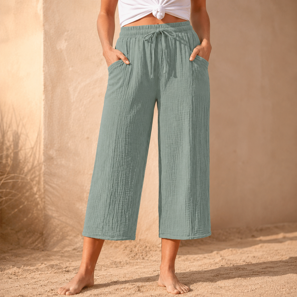 Linelle™ – Women's Crinkle Wide-Leg Cropped Pants with Pockets