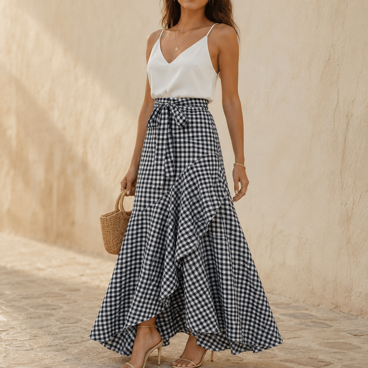 Veluna™ – Gingham Asymmetrical Ruffle Maxi Skirt for Women