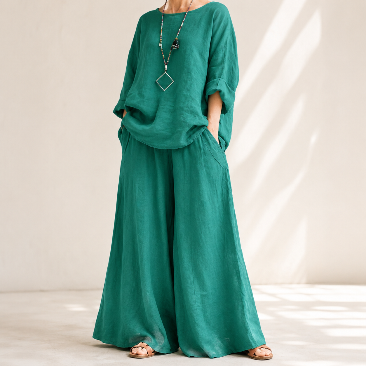 Lunavia™ – Oversized Cotton-Linen Two-Piece Set with Wide-Leg Pants