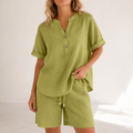 Lunessa™ – Cotton Linen 2 Piece Set Women Henley Top and Drawstring Shorts