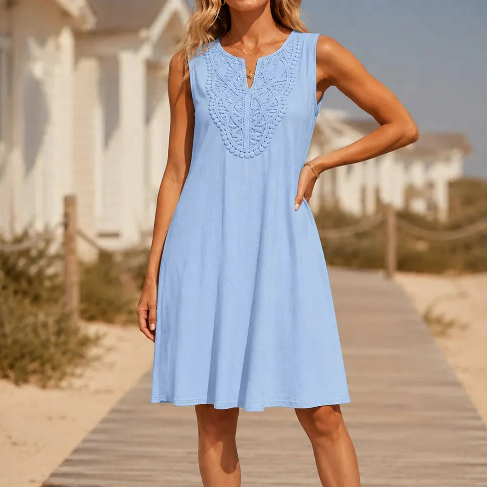Solenne – Lace Trim V-Neck Linen-Look Summer Shift Dress