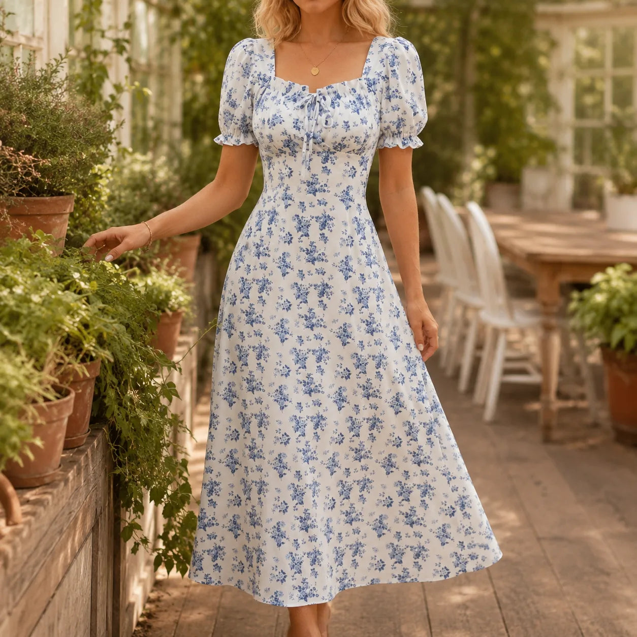 Maevra – Floral Midi Dress with Tie-Front Square Neckline