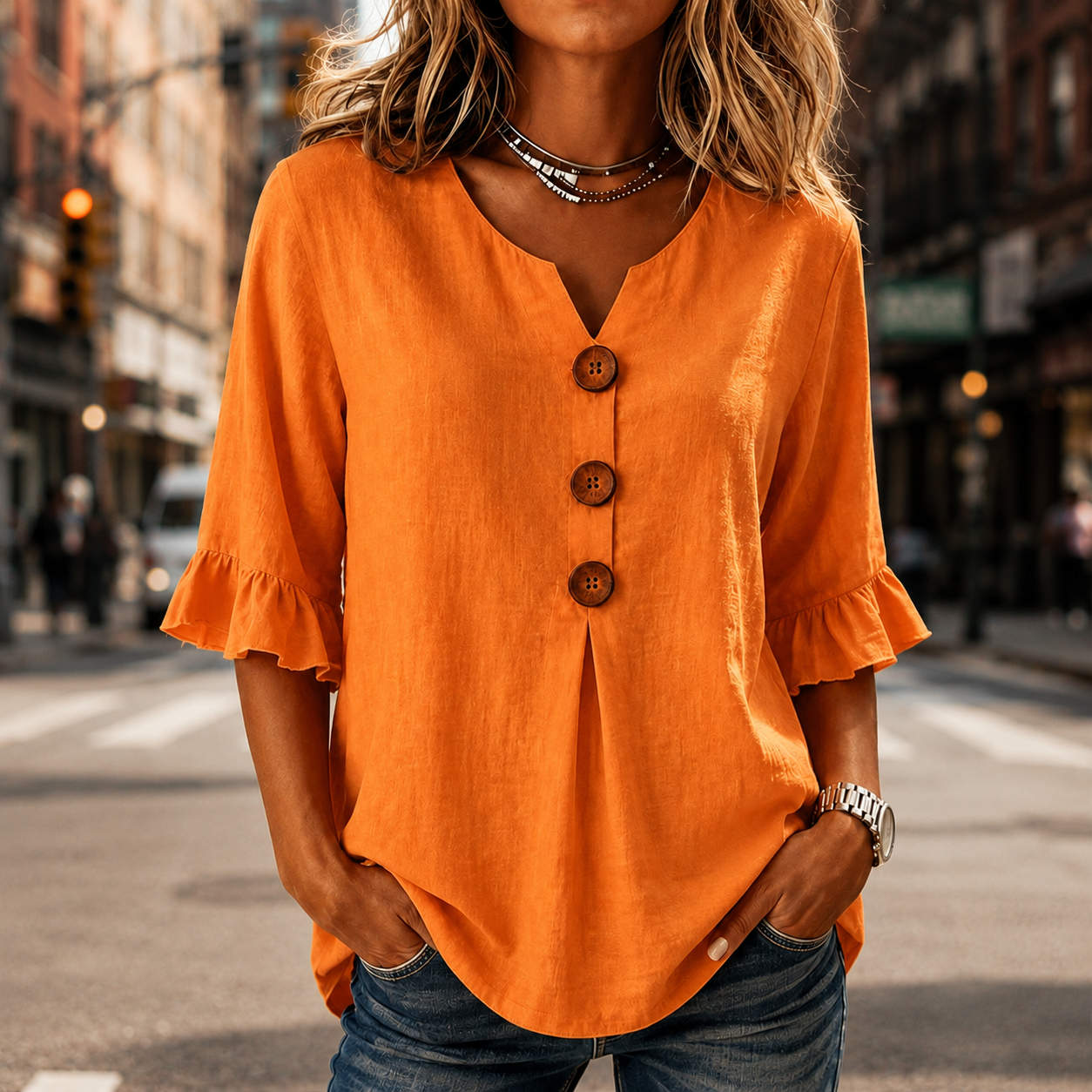 Laurelle™ – V-Neck Ruffle Sleeve Blouse with Buttons