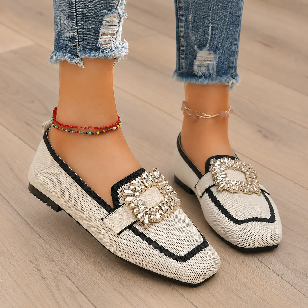 Vellora – Crystal Buckle Knit Loafers, Square Toe Slip-On Flats for Women