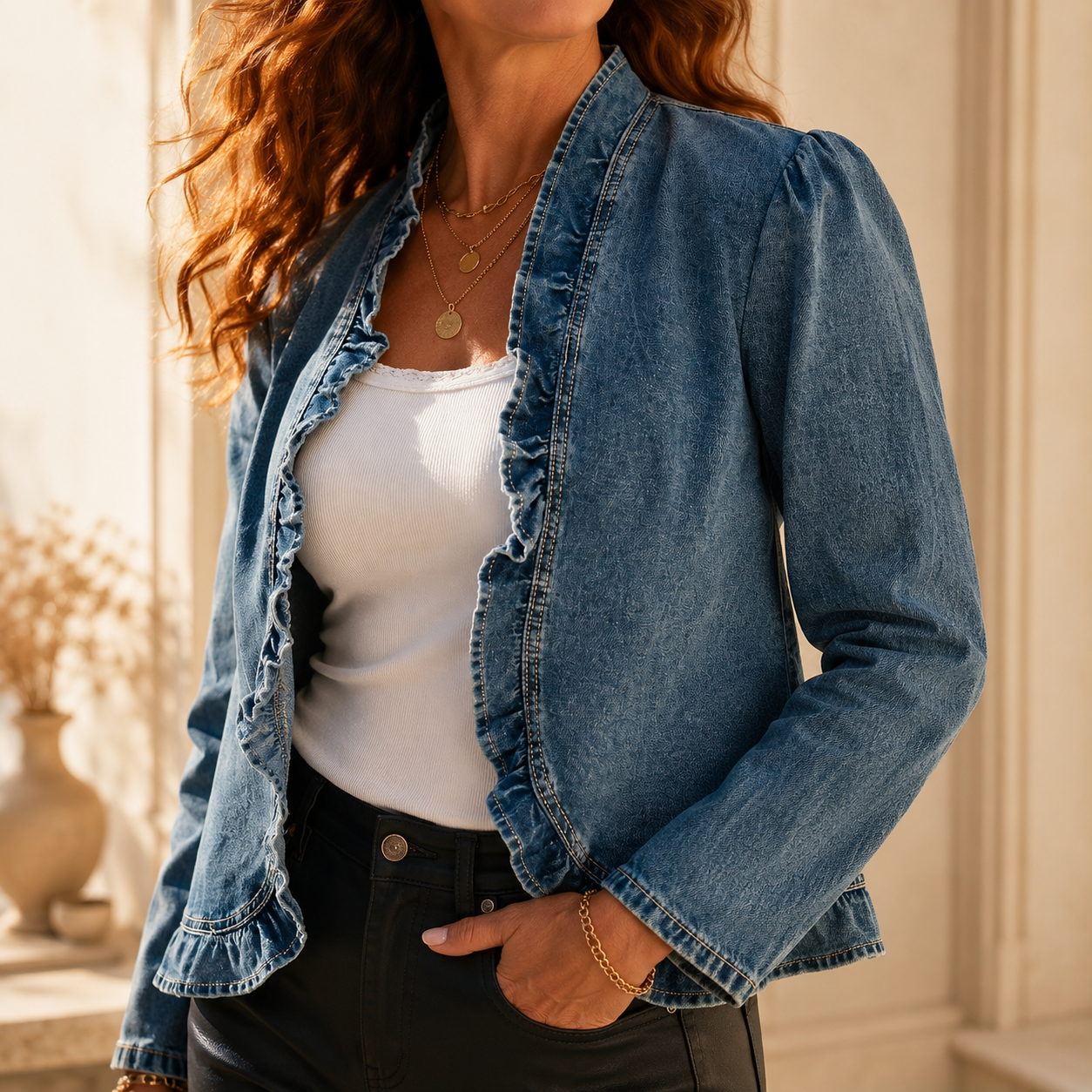 Maelyn™ – Ruffle-trim open-front denim jacket