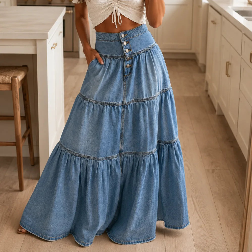 Romella – High Waisted Tiered A-Line Denim Maxi Skirt for Women